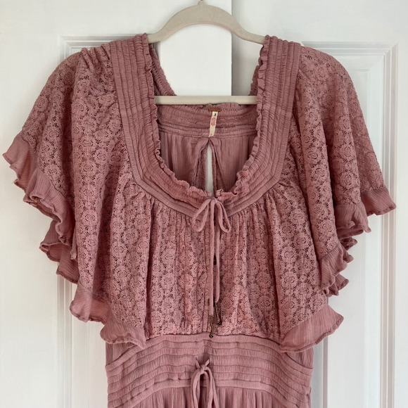 Free People Dusty Pink Cottagecore Boho Ruffle Tiered Maxi Dress Size L - Picture 5 of 15